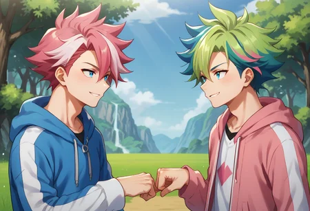 score_9, score_8_up, score_7_up, source_anime, highly detailed, 2boys,
multiple boys, 2boys, male focus, green hair, multicolored hair, blue eyes,
short over long sleeves, layered sleeves, blue hair, pink hair, hood, smile,
looking at another, hoodie, streaked hair, upper body, spiked hair, eye contact,
fistbump,