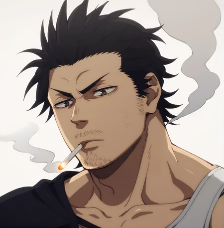 score_9,score_8_up,score_7_up,score_6_up,source_anime,rating_questionable, 1boy, mob boss, zPDXL2,yami sukehiro, looking down, relaxed eyebrows, smoking a cigarette,cigarette in mouth,mature, man, male focus, 1boy, stubble, facial hair, black hair, brown eyes, muscular, bara, white tank top, pectorals, black capelet, blue sky background, <lora:ShinFather_-Yami_Sukehiro:0.85>