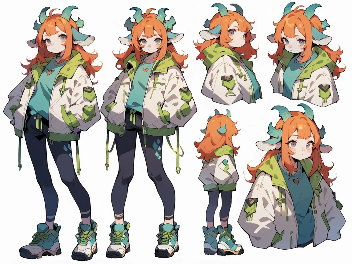 score_9, score_8_up, score_7_up, score_6_up, <lora:cut3ch4rXLP:0.8> cut3ch4r, 1girl, multiple views, jacket, long hair, (green|blue goat horns), white background, ginger hair, plump, grey eyes,