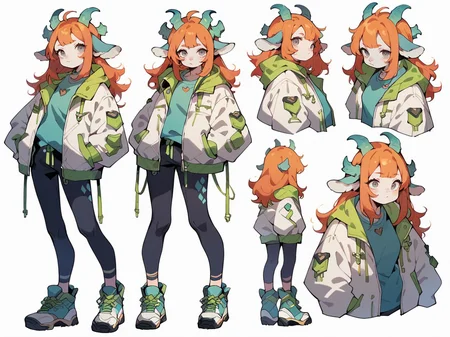 score_9, score_8_up, score_7_up, score_6_up, <lora:cut3ch4rXLP:0.8> cut3ch4r, 1girl, multiple views, jacket, long hair, (green|blue goat horns), white background, ginger hair, plump, grey eyes,