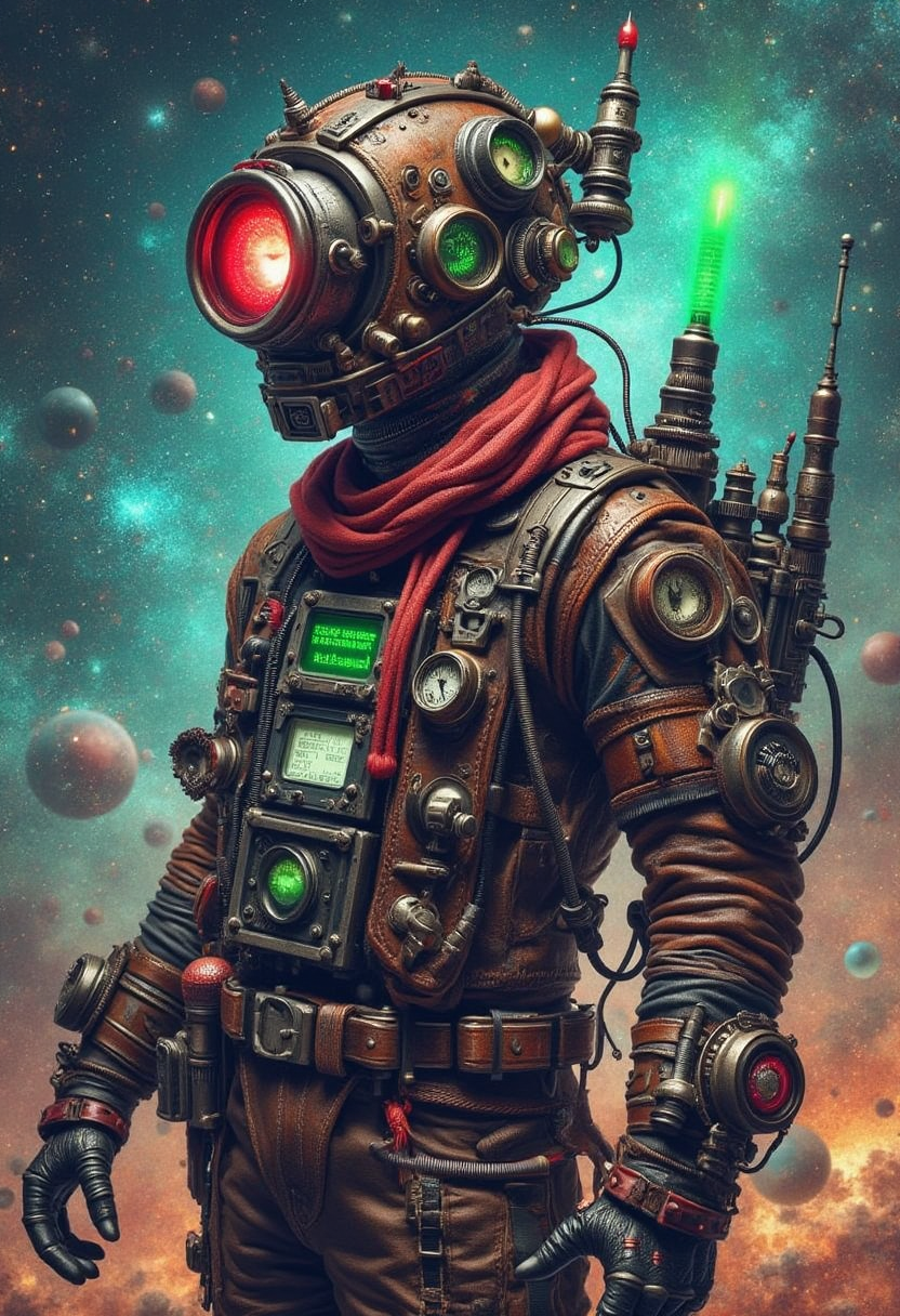 YFG-LBGadgets colorful Digital art, (alien rights activist who is trying to prove that the universe is a simulation:1.1) , wearing Dieselpunk all, hyper detailed, Cloisonnism, F/8, complementary colors, Movie concept art, "Love is a battlefield.", highly detailed, dreamlike