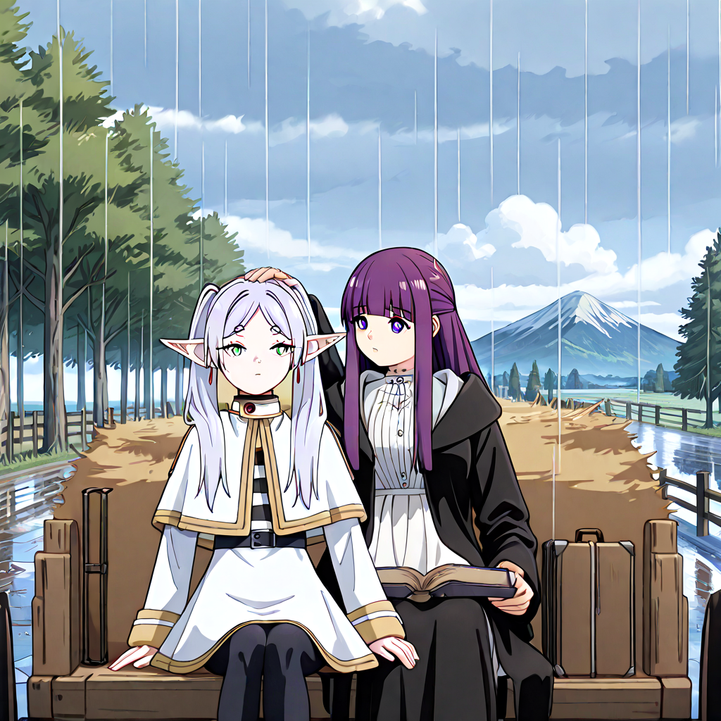 absurdres, sensitive, 2girls, frieren, fern, sitting, hay cart, hay, wagon, elf, grey hair, twintails, capelet, black pantyhose, purple hair, long hair, straight hair, white dress, long sleeves, robe, open book, holding book, suitcase, sky, cloud, tree, rural, fence, mountain, stone road, hand on another's head, headpat, riding, shadow, rain, fog, reflection, upper body, <lora:haycart_ilxl:1>