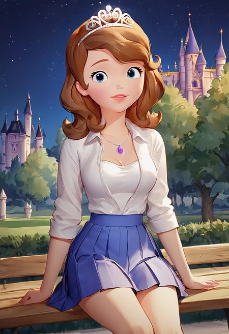score_up_8, score_up_9, 1girl,white shirt,blue skirt, miniskirt, pleated skirt, sofia_the_first, tiara necklace, brown hair, medium breasts,, background near castle, poring rain, night sky, at park, sitting on bench, looking at viewer, open shirt, sexy langrie