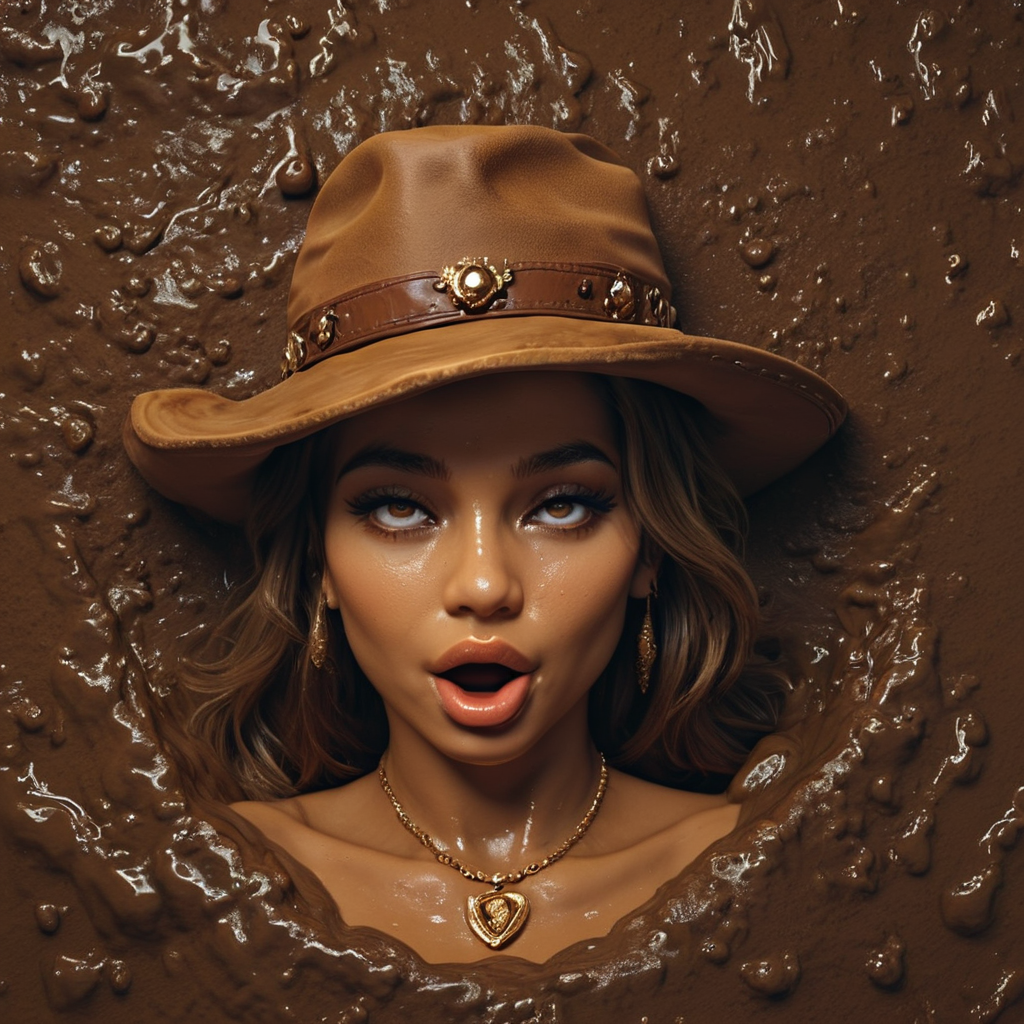 <lora:Chocoslime_DX_V7_-_Realistic_Pony_Photo:1>, score_9, score_8_up, score_7_up, beautyful color, aesthetic, chocoslime, (a portrait of a white woman in a fall river), brown night sky, water color drawing, 4k, unreal engine, masterpiece, brown wall, wearing a cowboy hat, wearing a golden necklace, ahegao