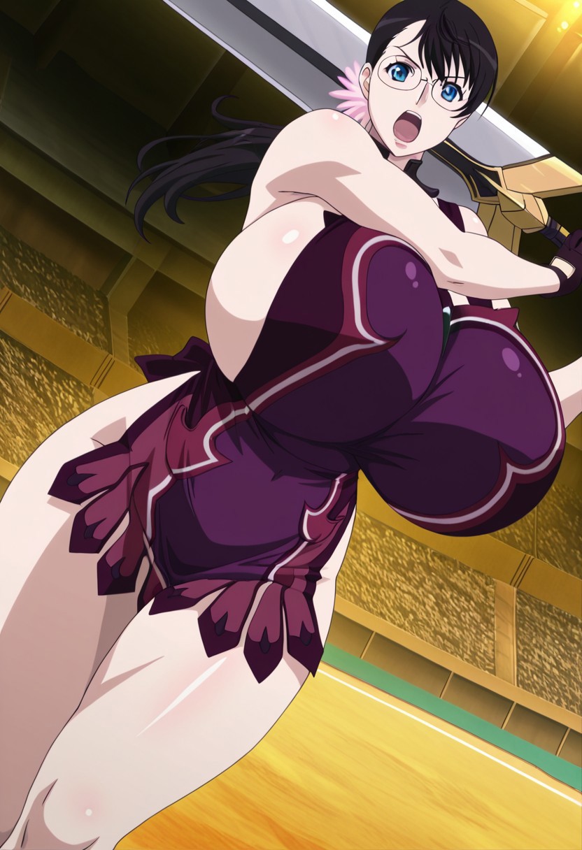 general,highres, ultra-detailed,very aesthetic,best quality ,best hands,best eyes,easynegative,
dynamic anglre, dutch angle, anime cloring,anime screencap,
1girl solo,looking at viewer,arena,outdoors, holding great sword, open mouth, fighting, 
Cattleya,black_hair, low ponytail, pink hair_ornament, gigantic breasts, mature_body, blue_eyes, glasses,nude apron, purple apron,