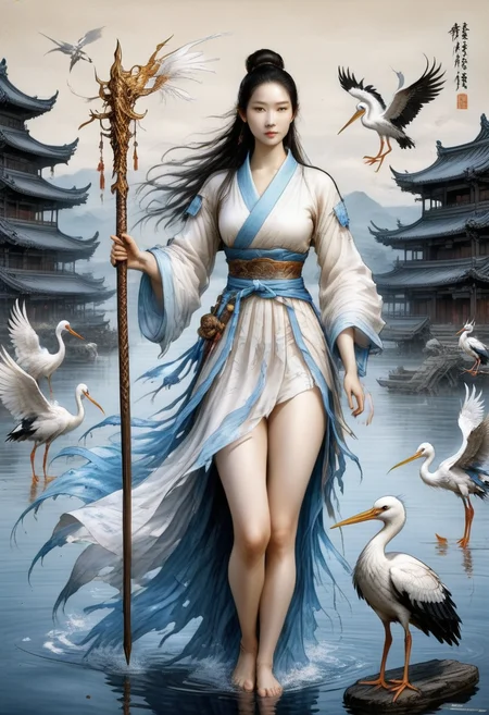 There is a cuties woman with a glowing weapon, holding, on a white background whith  a stork in water, donghua woman, gfjiansi, woman warrior, bare hips, by KanÅ TanâyÅ«, highly detailed and colored, in the art style of nanhua style, on parchment. [light : dark :0.7], wide, (high volume shot), (HDR:1.2), microdetailes, 
over-detailed, Ultra-HD-photo-same-realistic-quality-details, ideal detailxl, <lora:ral-dissolve-sdxl:0.45>, ral-dissolve clouds, <lora:spotlight:1>, <lora:ParchartXL_CODA:1>, <lora:gfjiansi:1>, <lora:MILKY_LULLABY_-_ãã«ã­ã¼ã©ã©ãã¤DOAXVV:1>