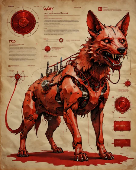 best quality, highres, high quality, lora:dvr-trd:0.3> dvr-trd <lora:ParchartXL_CODA:0.5> on parchment, macro details, extremely complex mechanical creature, steam, red ink, technical illustration, precise, straight lines, <lora:add-detail-xl:1>, <lora:h3ll1shXLP:0.4> h3ll1sh, wolf head, vore, <lora:Dark_Anime:0.3>, Cerberus,