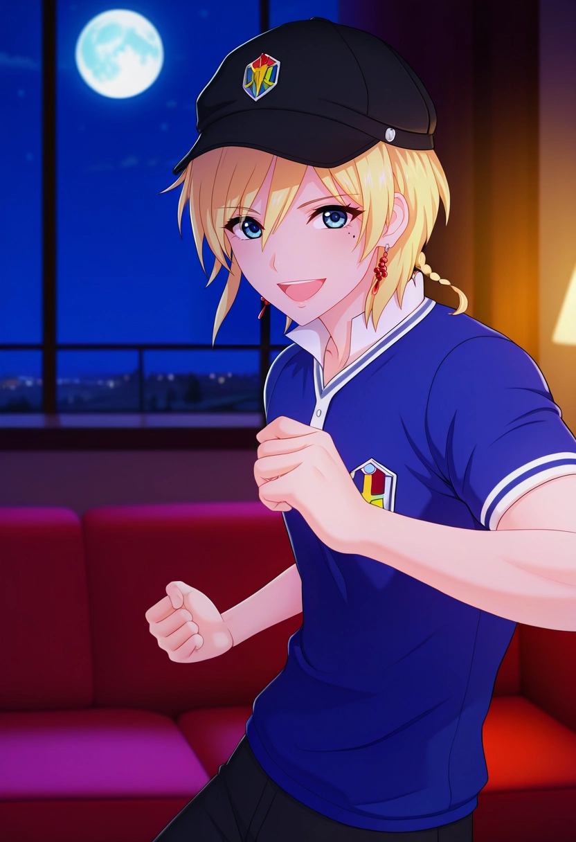 masterpiece, best quality, , (3d:0.4),, 1boy, solo, male focus, <lora:titus_alexius_ilxl:0.9>, titus_alexius, blonde hair, blue eyes, short hair, braid, mole, mole under eye, earrings, , rule of thirds, living room, couch, night, full moon, (dynamic pose:1.2), :D, rugby shirt, golf cap