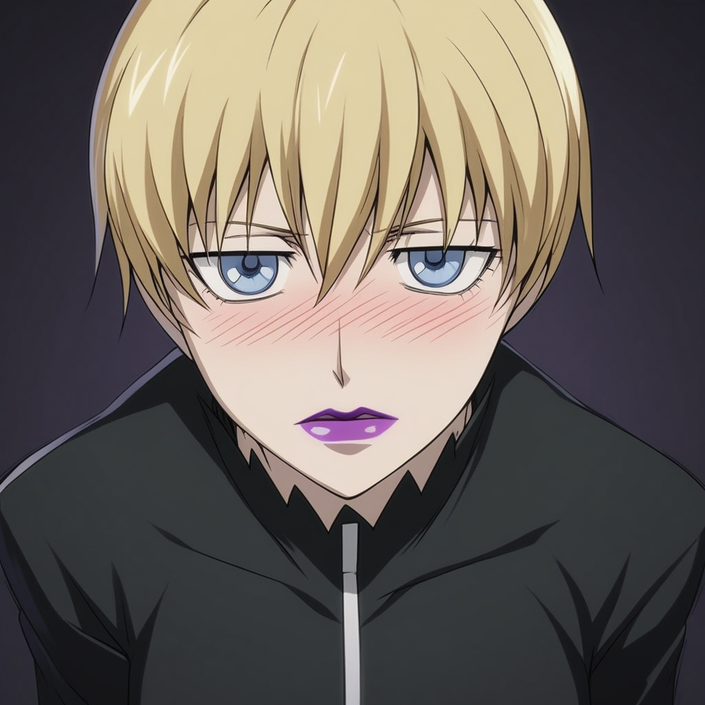 score_9, score_8_up, score_7_up, source_anime, expressive, anime, Artist speedlines, dynamic, D4RK3RTH4NBL4CK, DTB_Style, 1woman, (brita_(darker_than_black):1.2), long_hair, blonde_hair, blue eyes, purple_lips, naked_jacket ,looking at viewer, facing viewer, revealing clothes, convenient_censoring, bare_legs, high_heels, blush, blushing, embarrassed, dark background, Artist style:komori_takahiro
