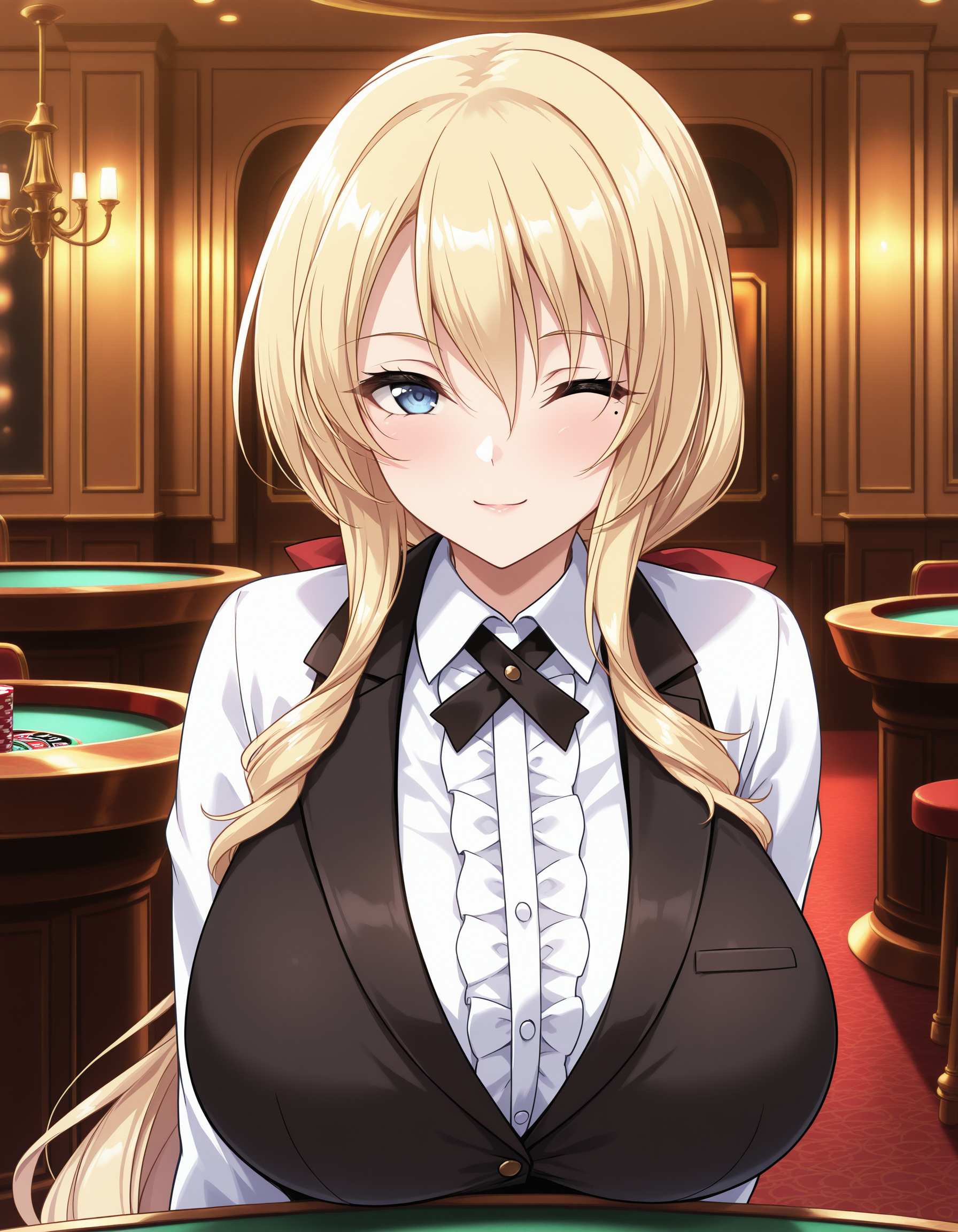 nadiatorishizu,blonde hair,long hair,blue eyes,drill sidelocks,mole under eye,huge breasts,vest,black vest,shirt,white shirt,collared shirt,center frills,bow,hair ribbon,low ponytail,front view,upper body,one eye closed,wink,seductive smile,naughty face,indoors,casino,depth of field,masterpiece,best quality,very aesthetic,absurdres