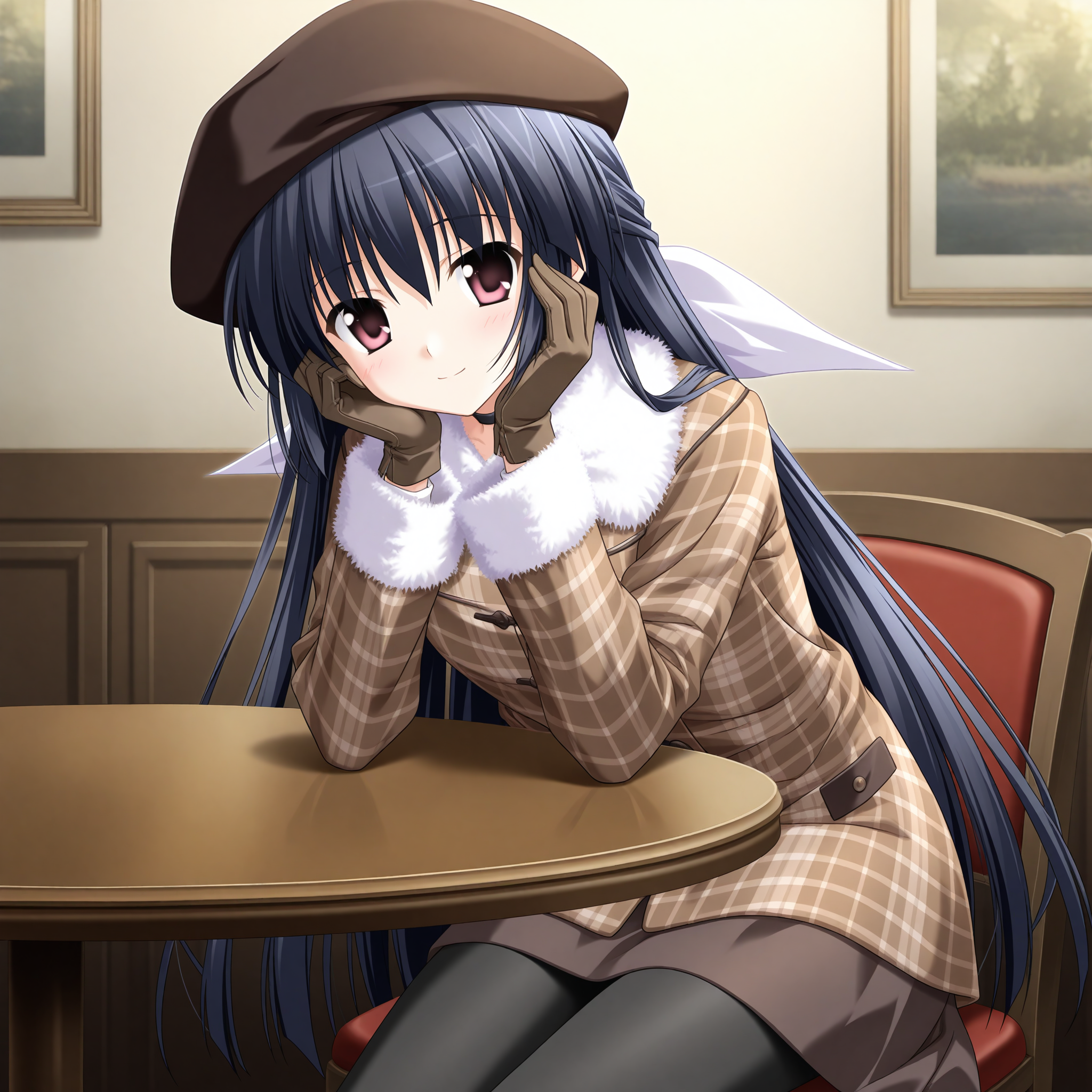 <lora:Amamiya_Yuuko_1_nai-000038:1>,Amamiya Yuuko,hair ribbon,white ribbon,
beret,brown headwear,plaid coat,brown coat,black choker,long sleeves,brown gloves,fur-trimmed sleeves,fur-trimmed coat,brown skirt,miniskirt,black pantyhose,
1girl,solo,front view,looking at viewer,sitting,head rest,table,indoors,leaning forward,hands on own face,smile,