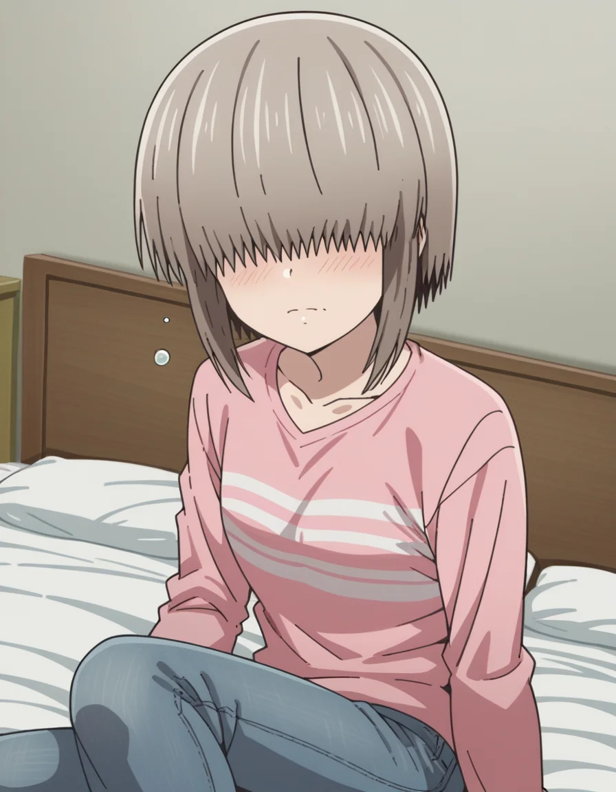 score_9, score_8_up, score_7_up, source_anime,
yanagiuzaki, <lora:yanagi-uzaki-s2-ponyxl-lora-nochekaiser:1>,
yanagi uzaki, short hair, bangs, grey hair, hair over eyes, covered eyes, long bangs, sidelocks,
shirt, long sleeves, pink shirt, collarbone, pants, denim,
indoors, bed, bed room, on side, blush, drunk,
looking at viewer, cowboy shot, solo, dutch angle,