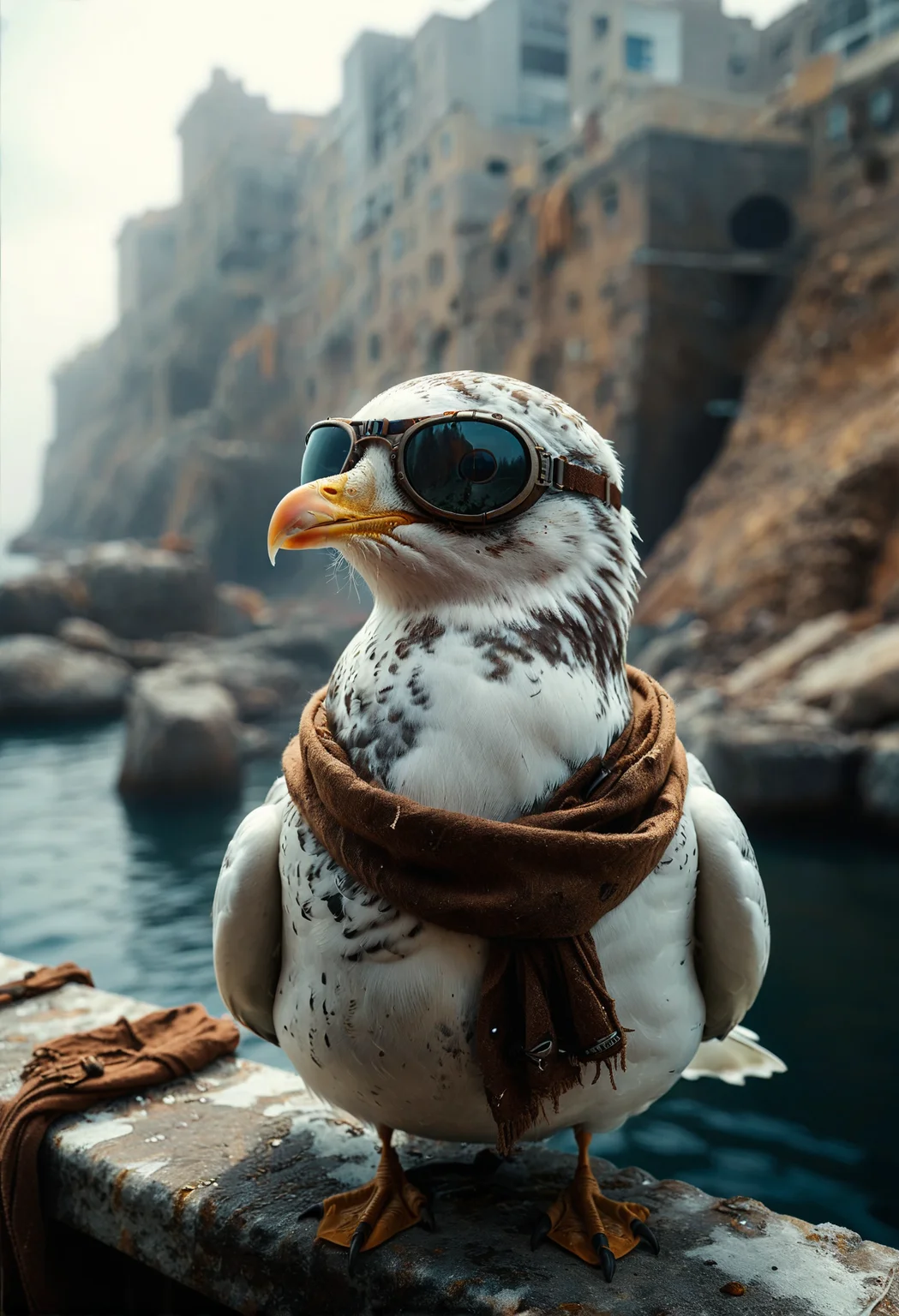The photo shows a fearless seagull with aviator goggles and a brown scarf sitting on a ledge. The bird looks at the viewer with determination as if ready to embark on an adventure. The level of detail in the feathers goggles and scarf is astonishing accurately reproducing the texture and color of each element. The overall impression is that of a brave and bold bird embarking on a dangerous journey into the unknown. The style is reminiscent of adventure and exploration with an emphasis on capturing the spirit of the wild and untamed. The photograph captures the essence of the subject while evoking a sense of wonder and excitement,
<lora:add-detail-xl:0.3> dvr-lnds-sdxl <lora:MJ52:0.5> <lora:zavy-cntrst-sdxl:0.4> <lora:zavy-rmlght-sdxl:0.4> <lora:dvr-lnds-sdxl:0.5> <lora:extremely_detailed:0.3> <lora:great_lighting:1.4>
