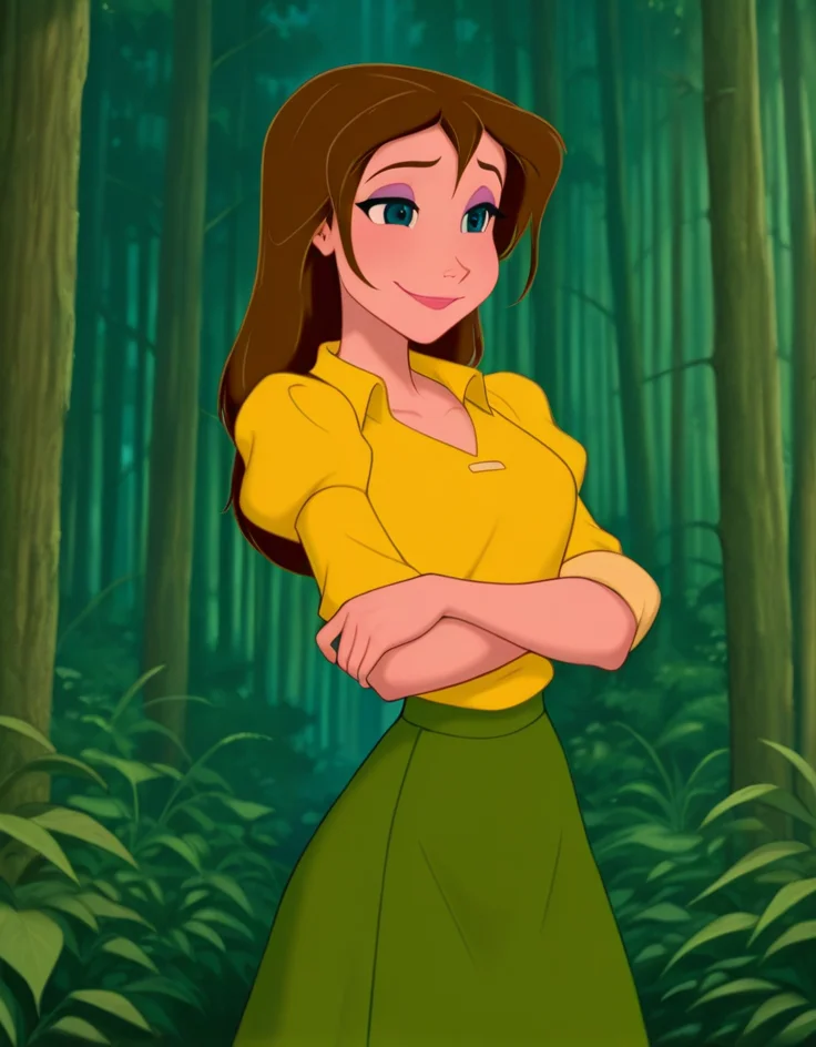 masterpiece, best quality, amazing quality, very aesthetic, absurdres, newest, detailed background, cowboy shot, 4k, 8k, outdoors, beautiful eyes,
janexd, 1girl, solo, brown hair, smile, long hair, shirt, nature, skirt, blue eyes, crossed arms, yellow shirt, green skirt, makeup, forest, puffy sleeves, outdoors, sleeves rolled up,
<lora:Jane_Porter_-_Disney_Illustrious:1>