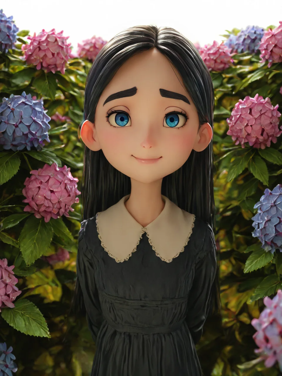 (masterpiece,best quality,newest,absurdres,highres), ParAggie, 1girl, solo, long hair, black hair, blue eyes, smile, black dress, flower, leaf, hydrangea, pink flower, looking at viewer, hands behind back
<lora:Aggie_IllustriousXL_noobaiXLNAIXL:0.7> <lora:Add_Flower_Nature:0.5>