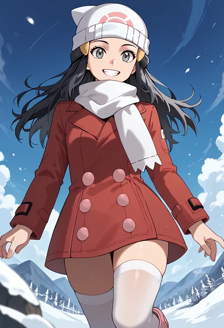 Leaning on an invisible countertop, smile, teeth, <lora:DawnPony-10:1> Dawn_Platino, long hair, black hair, hair ornament, grey eyes, beanie, white headwear, coat, red coat, long sleeves, buttons, scarf, white scarf, thighhighs, white thighhighs, boots, pink footwear,, score_9, score_8_up, score_7_up, score_6_up, score_5_up, score_4_up,