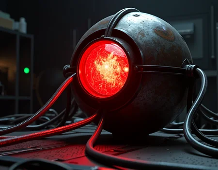 A Photograph of the demon core, metal ball with cables, science lab, cables, dark atmosphere, epic