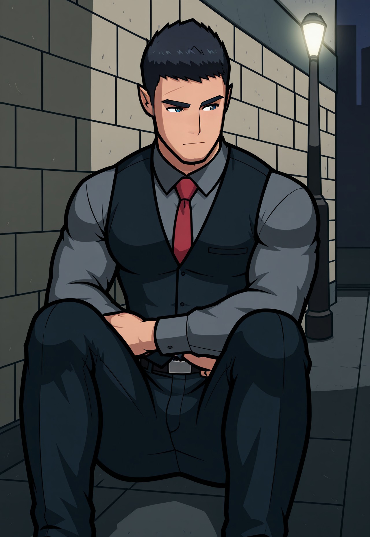 masterpiece, best quality, absurdres, captivating scene, official art,  

1boy, gay, yaoi, male, male only, man, male focus, solo,  

(Bara, muscular, humplex_detective, black hair, thick brows, forehead scar, cleft chin, black vest, grey button up, red necktie, black pants, black belt)  

outdoors, (street, night time), dynamic angle, dim lighting, dynamic pose,  

(3/4 view, sitting on street curb, knees up, arms resting on knees, looking away, neutral expression),