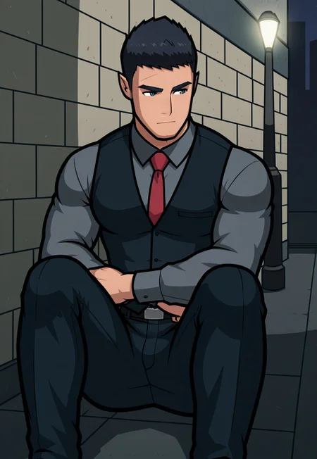 masterpiece, best quality, absurdres, captivating scene, official art,  

1boy, gay, yaoi, male, male only, man, male focus, solo,  

(Bara, muscular, humplex_detective, black hair, thick brows, forehead scar, cleft chin, black vest, grey button up, red necktie, black pants, black belt)  

outdoors, (street, night time), dynamic angle, dim lighting, dynamic pose,  

(3/4 view, sitting on street curb, knees up, arms resting on knees, looking away, neutral expression),