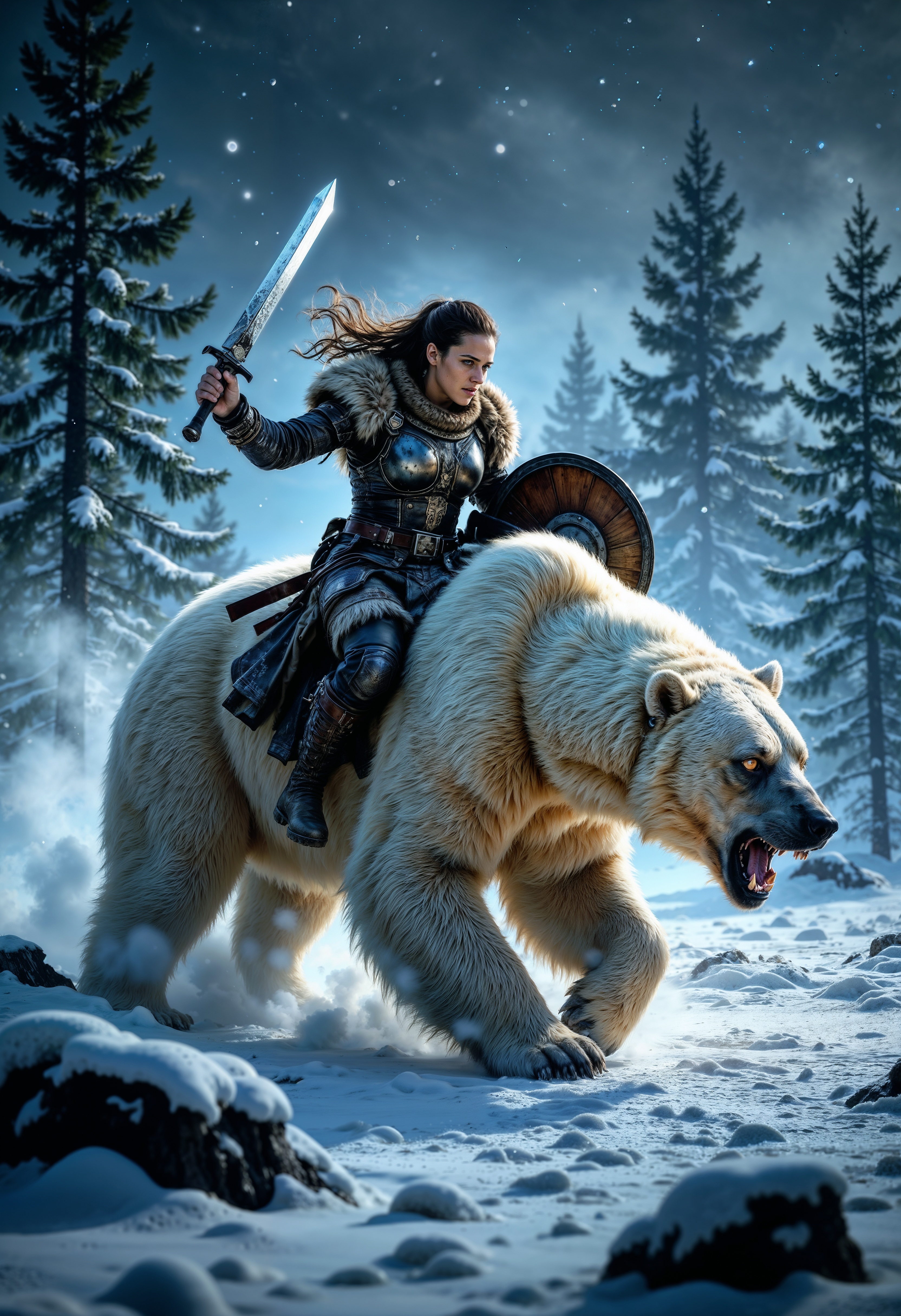Portriat of A menacing large ferocious polar bear with battle scars, growling and snarling, lunges forward under the cover of a nocturnal snow storm, snowy ground and snow powder, illuminated by a striking Rembrandt-style spotlight. An enraged female viking warrior, riding the beast, clutches a sword triumphantly in one hand and a shield in her other hand, her intense eyes ablaze with victory. Their dynamic pose against the backdrop of an ultra-high-contrast HDR night sky, creates an epic, moody tableau immortalizing the clash of power and determination.