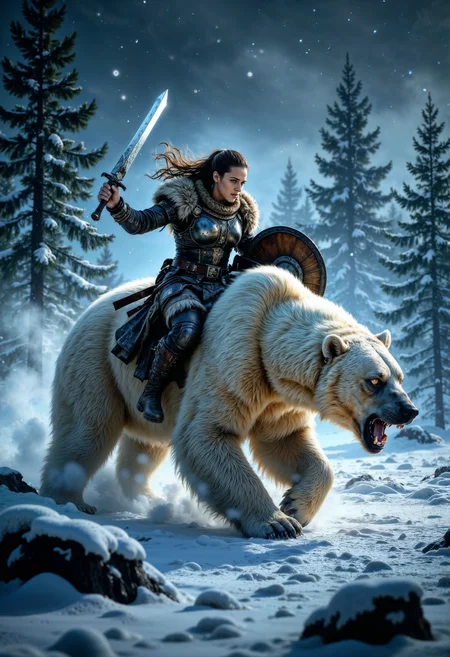Portriat of A menacing large ferocious polar bear with battle scars, growling and snarling, lunges forward under the cover of a nocturnal snow storm, snowy ground and snow powder, illuminated by a striking Rembrandt-style spotlight. An enraged female viking warrior, riding the beast, clutches a sword triumphantly in one hand and a shield in her other hand, her intense eyes ablaze with victory. Their dynamic pose against the backdrop of an ultra-high-contrast HDR night sky, creates an epic, moody tableau immortalizing the clash of power and determination.