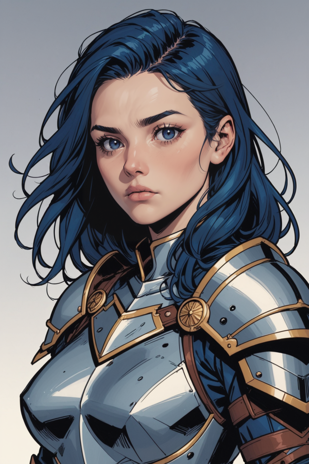 1girl, armor, solo, shoulder armor, black eyes, upper body, black hair, closed mouth, pauldrons, breastplate, medium hair, grey background, blue hair, shaded face, plate armor, simple background, looking to the side, looking at viewer, long hair, knight, expressionless, empty eyes, <lora:Expressive_H:0.5>, score_9, score_8_up, score_8_up, a_Comic_Illustration, rough lines with ink, (drawn:1.1), (sketch:1.5), (crosshatching:1.25), (comic style:1.1), graphic novel style, sharp lines, hires, zstyle, (western comics \(style\):1.1), (hatching \(texture\):1.2), zPDXL, Mr_Monster_Possitive, beautiful detailed eyes, extreme details eyes,  perfect anatomy,, 1girl, thighs, cowboy shot