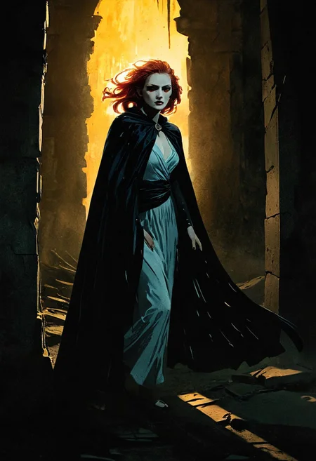 (Masterpiece, Best Quality, Highres:1.4), (dramatic, cinematic:1.2) color wash, ink wash, illustration, storytelling, A cinematic, gritty fantasy poster depicting a goddess of desolation with perfectly white skin and auburn hair, wearing lace, vast billowing cape made out of shadows, walking morosely through misty ancient battlefield of bones with ruins, she is partially cloaked in darkness, high contrast, strong contrast between light and shadow, solo, neo-noir ethereal portrait, chrome-kissed halides, golden venetian blind streaks of light running across the face with the rest of the room surrounded by deep shadows, slicing across their face and shoulder in alternating bands. The scene evokes 1940s noir with a modern twist—polished, seductive, and full of latent danger., aidmamj6.1, 3xpr3sgg0th1cn30n1nc4s3, ExpresHGothicNeonIncaseUOC, ExpresHGothicNeonIncase,
