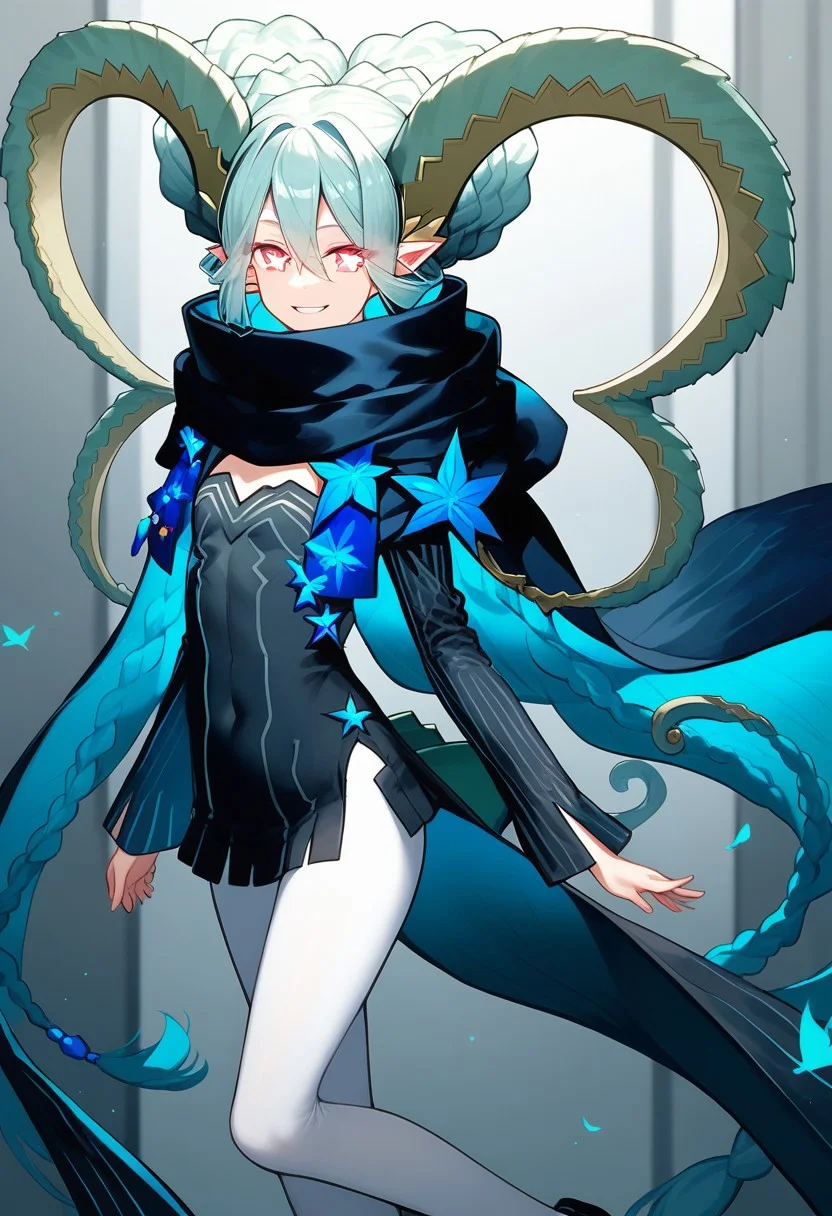 score_9, score_8_up, score_7_up, professional anime,1girl,female,solo,(Tiamat from fate grand order),horns, pointy ears, blue hair, symbol-shaped pupils, pink eyes, double bun, braid, twintails, scarf, short dress, black dress, long sleeves, sleeves past fingers, white pantyhose, tail,petite girl,short female,short girl,petite female,age regression, perfect body,smile,room
