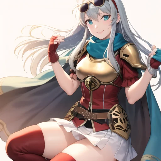 eirika fe, <lora:Eirika_FE-15:0.7>, 1girl, solo, looking at viewer, smile, skirt, thighhighs, gloves, (white hair), (blue scarf, sunglasses), boots, fingerless gloves, cape, armor, zettai ryouiki, thigh boots, breastplate