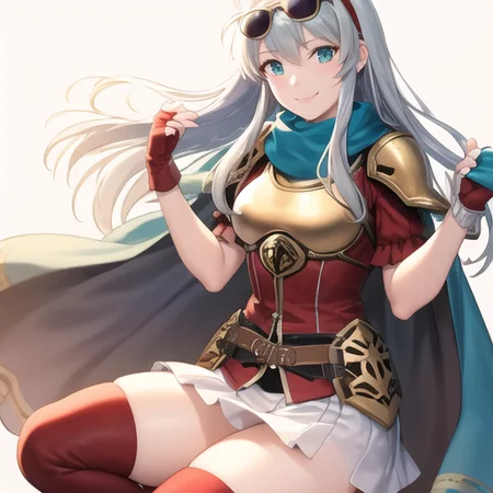 eirika fe, <lora:Eirika_FE-15:0.7>, 1girl, solo, looking at viewer, smile, skirt, thighhighs, gloves, (white hair), (blue scarf, sunglasses), boots, fingerless gloves, cape, armor, zettai ryouiki, thigh boots, breastplate
