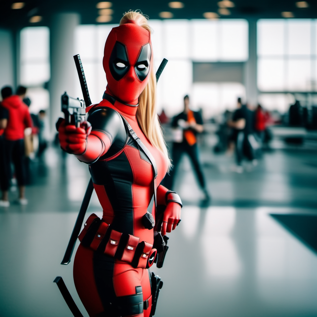 cinematic photo full body portrait lady deadpool, blond hair, ponytail, mask, body suit, aims guns <lora:LDP1024:0.8> . 35mm photograph, film, bokeh, professional, 4k, highly detailed