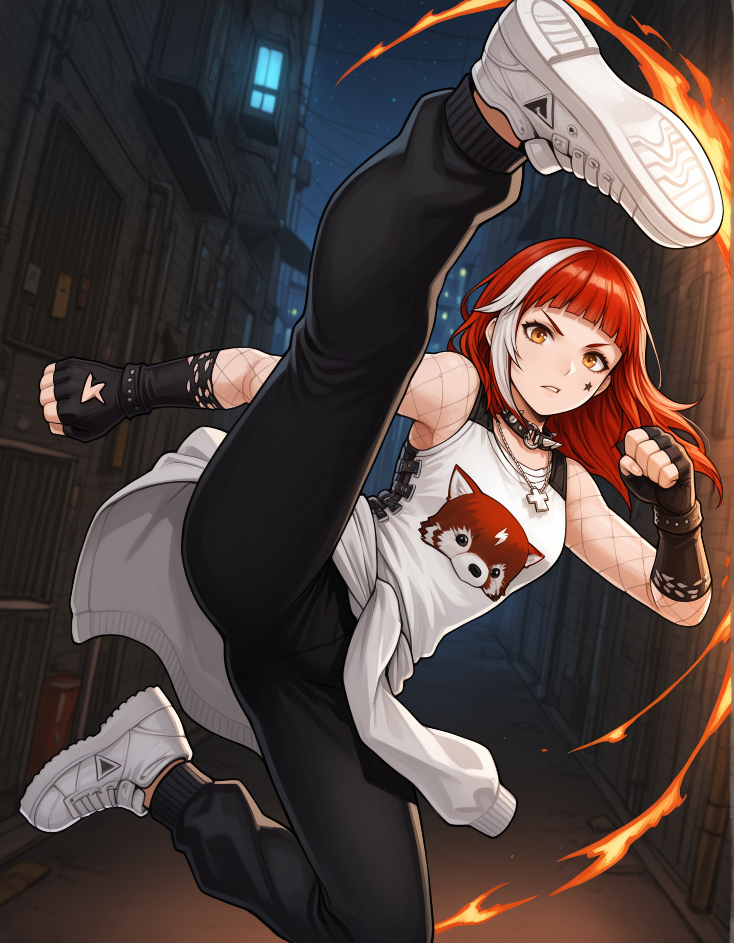 masterpiece,best quality, absurdres, highres,   <lora:Irene Illu 1:1> ireneillu, tank top, black gloves, spiked collar, fishnets, sweater around waist, cross necklace, black pants, sneakers, star tattoo, solo, looking at viewer, alley, night, incoming kick, fire kick