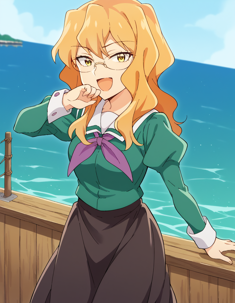 score_9, score_8_up, score_7_up, source_anime, <lora:sumika-chibana-s1-ponyxl-lora-nochekaiser:1>, sumika chibana, long hair, blonde hair, yellow eyes, glasses,, skirt, long sleeves, school uniform, puffy sleeves, serafuku, purple neckerchief, green shirt, black skirt, long skirt,, drydock, repair, ships, water, construction, smile, <lora:ojou-sama-pose-ponyxl-lora-nochekaiser:1>, ojou-sama pose, laughing, smug, hand to own mouth, open mouth,, looking at viewer, solo,, dutch angle, cowboy shot