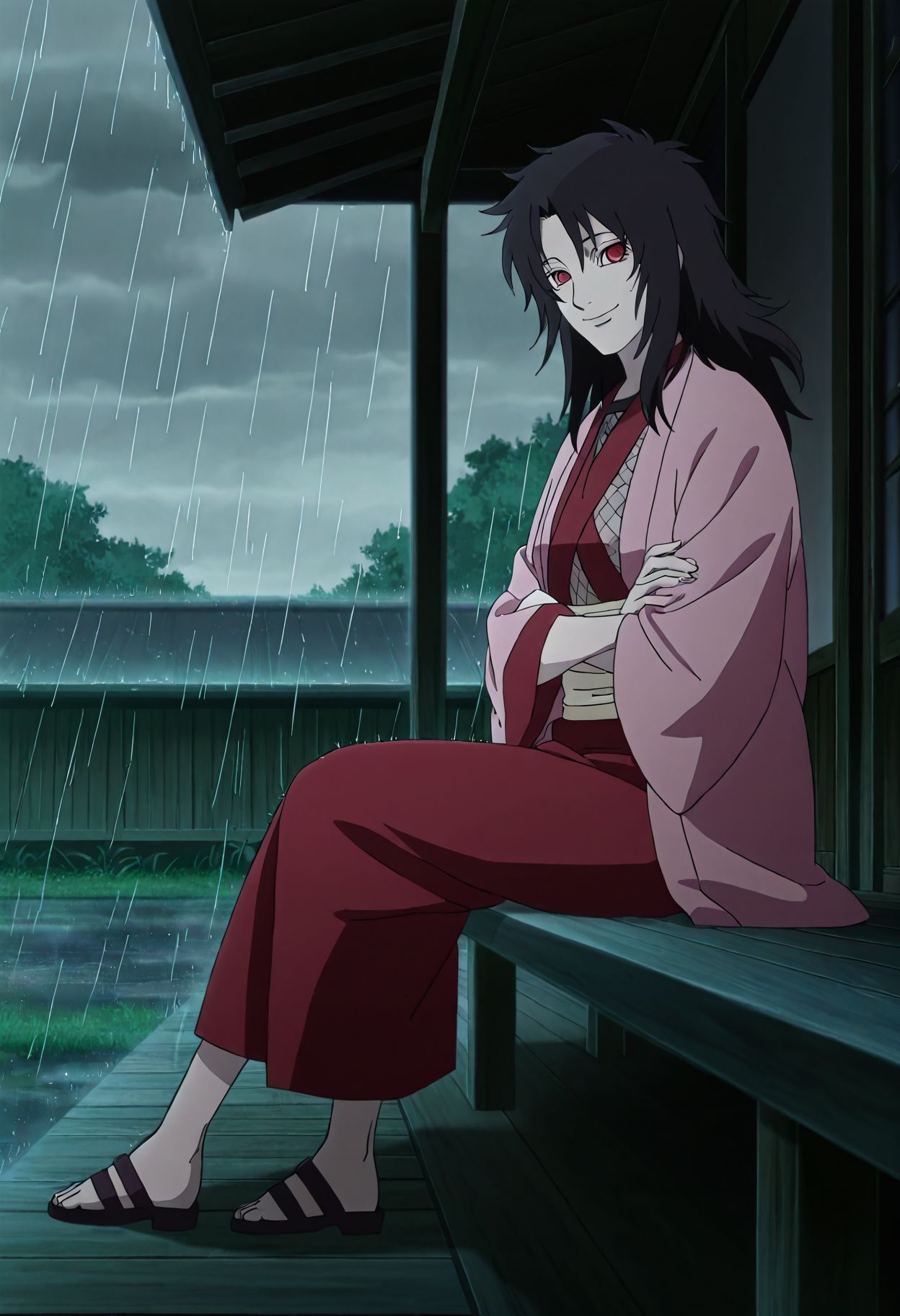 <lora:yuuhi_kurenai_v1b_pny:1> yuuhi_kurenai, solo, 1girl, black hair, long hair, red eyes, japanese clothes, red kimono, pink haori, beige obi, sandals, full body, old woman, smile, from side, porch, leaning against, crossed arms, overcast, rain, shade, source_anime, anime screencap