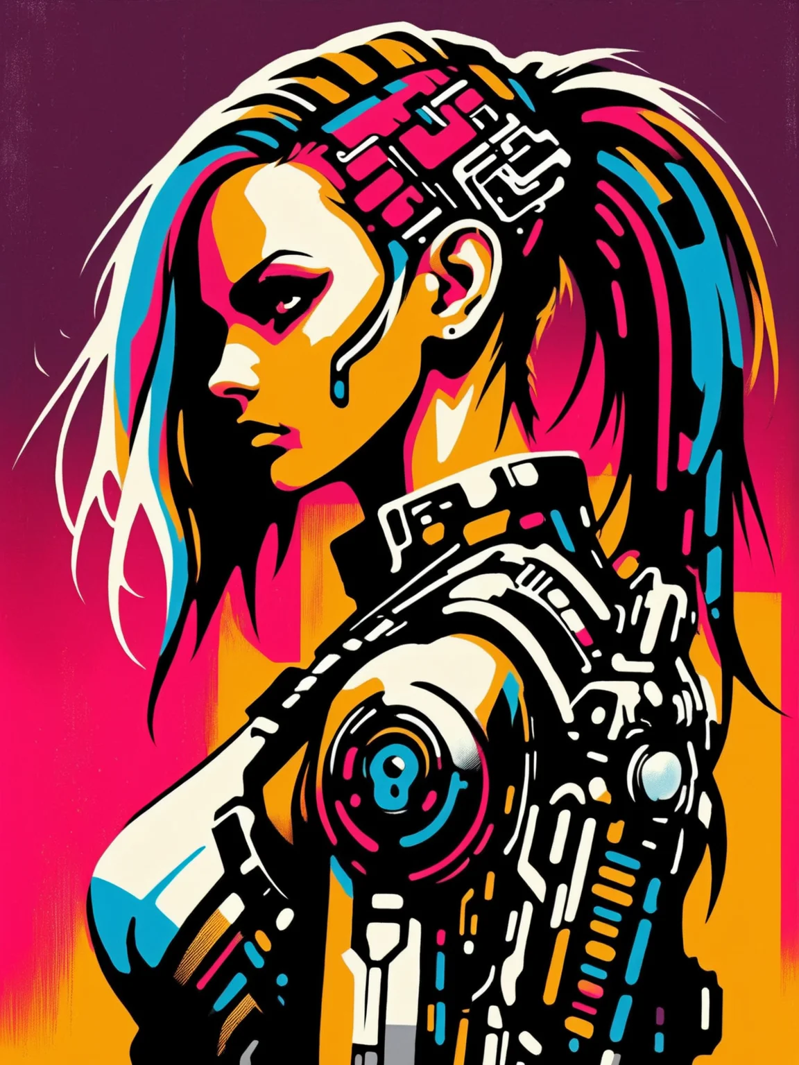 mad-stncl, woman, cyberpunk  <lora:Stencil_Art_SDXL:0.8>, (masterpiece:1.2), best quality