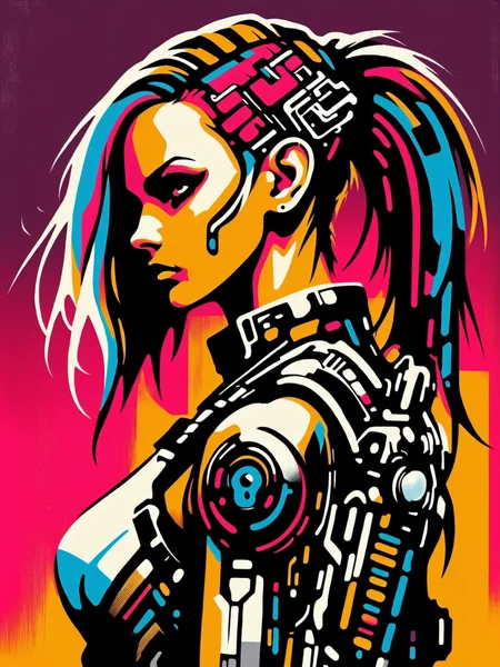 mad-stncl, woman, cyberpunk  <lora:Stencil_Art_SDXL:0.8>, (masterpiece:1.2), best quality