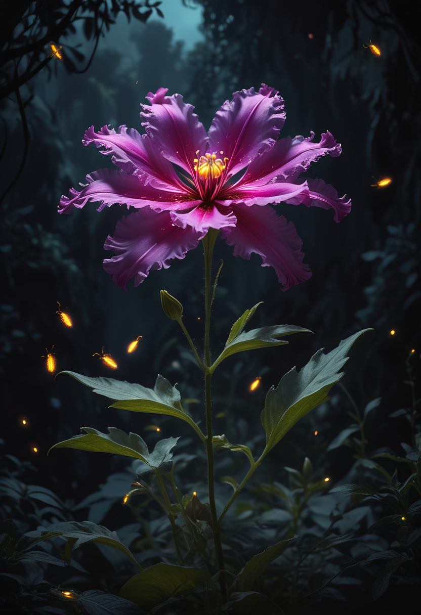 (medium full shot) of (pristine flower) with magenta petals, frilled shaped flower, veined, spicy scent, surrounded by glowing fireflies, located in  an ancient oasis, with resilient blooms, soft light, tranquil setting, timeless charm , during twilight, ,Masterpiece,best quality, raw photo, realistic, very aesthetic, dark