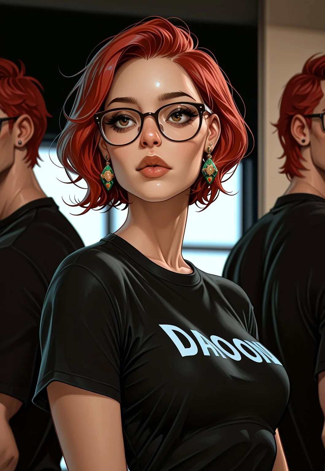 masterpiece, best quality, absurdres, very aesthetic, D3ND3N, earrings, jewelry, 1girl, red hair, glasses, solo focus, short hair, blurry, shirt, upper body, blurry background, lips, 1boy, brown eyes, black shirt, t-shirt