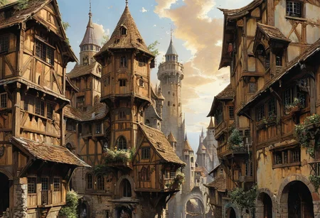 Artwork, anime, An infinitely tall middle ages wooden skyscraper narrow with overhangs to the upper stories and steeply pitched roofs, ramshackle, the atmosphere is bright sunlit and sharp and clear, with many finely detailed scenes seen through windows in the tower,