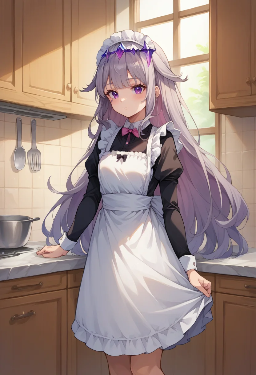 score_9, score_8_up, source_anime, 1girl, solo, KosekiBijou, long hair, hair flaps, floating headpiece, maid, maid headdress, maid apron, kitchen, <lora:ChamKosekiBijouPonyXL:1>