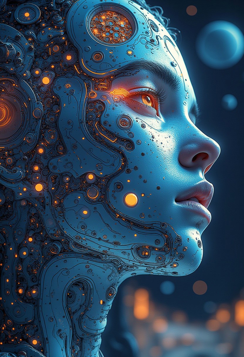 A unique digital artwork depicting an entire space Odyssey based on the powerful rhythm of her dreamlike image, with swirling patterns reminiscent from 2001 atop imposing shadows. The scene is intertwined with the iconic elements surrounding her and the distant outer world, evoking heightened mystery as she explorerifies these intricate details while discovering their inherent beauty. The film combines modern technologies with futuristic technology, combining imagination-inspired imagery to create iridescent emotions that evoke enigma in this captivating portrait