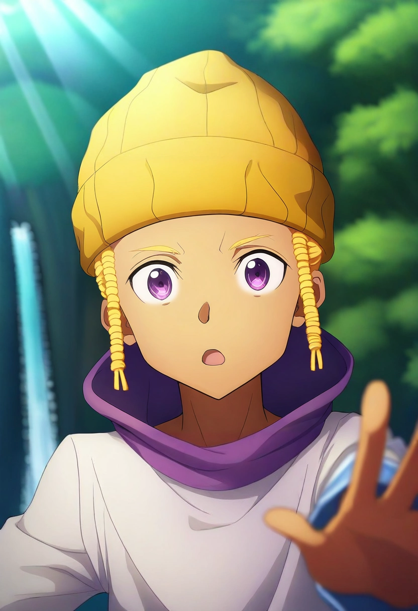 masterpiece, best quality, , , looking at viewer, depth of field, 1boy, male focus, purple eyes, yellow hair, dreadlocks, long-sleeve shirt, bobble hat, solo, hidden waterfall, mossy rocks, rainbow mist, ferns, reaching out, amazed expression, filtered sunlight, <lora:sao_alicization_style_ilxl:0.9>, sao_alicization_style,