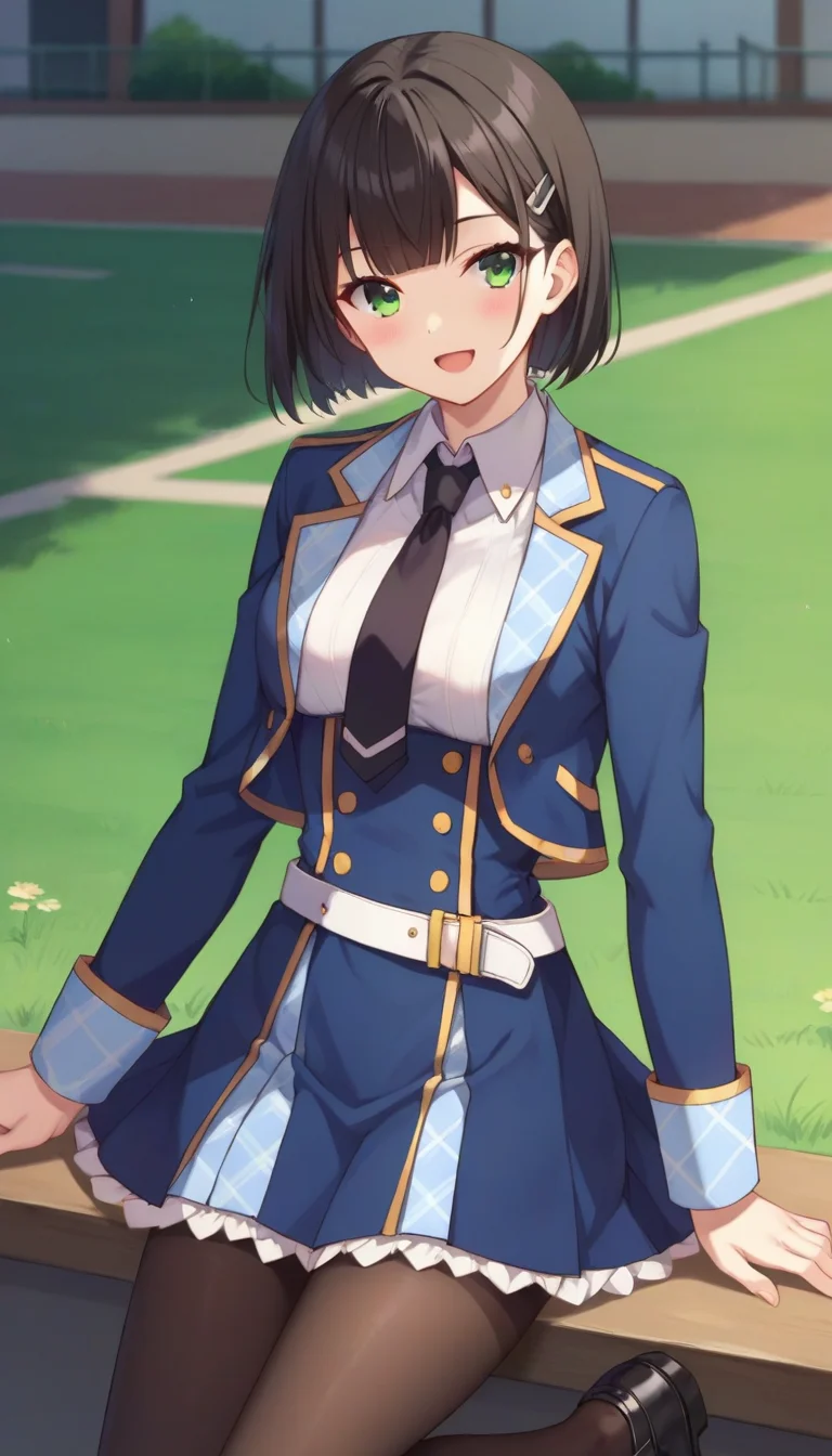 score_9,score_8_up,score_7_up,score_6_up BREAK official art,1girl,solo,outdoors,upper body,(portrait:1.5),looking at viewer,facing viewer,smile,blush,Fenris Squadmate,short hair,black hair,bob cut,blunt bangs,green eyes,blue jacket,cropped jacket,open jacket,wing collar,black necktie,white shirt,collared shirt,dress shirt,long sleeves,medium breasts,double-breasted,white belt,blue skirt,high-waist skirt,pleated skirt,frilled skirt,brown pantyhose,loafers,black footwear,<lora:Fenris Squadmate(sgmt)-Pony:1.2>,