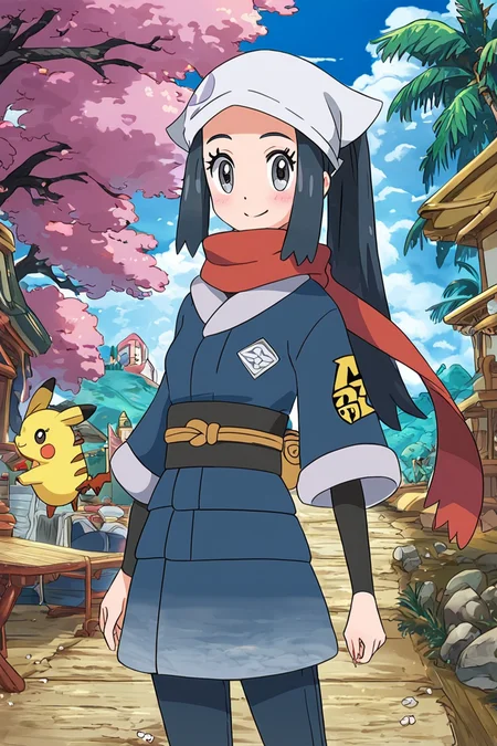 score_9, score_8_up, score_8, medium breasts, (curvy), cute, eyelashes,       BREAK, , ,,, zzAkari, grey eyes, eyelashes, black hair, long hair, white headwear, sidelocks, ponytail,  black pantyhose, black undershirt, jacket, loose socks, pantyhose, red scarf, sash, <lora:Akari_Pokemon_PDXL:0.8>,    ,,,, BREAK, smile, looking at viewer, cowboy shot, ,,, outdoors, sky, day, cloud, tree, blue sky, sunny,  ,,, Expressiveh, ,,, <lora:Alola_Style_PDXL:0.8>, <lora:Expressive_H-000001:0.4>,