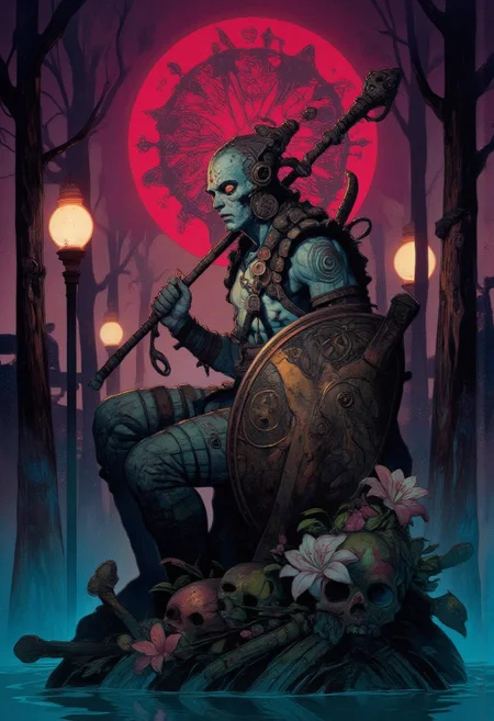 Neo-Gnostic voodoo warrior, bone-and-mud armor, serpent staff glowing with red sigils, fractal halo behind masked face, swamp lilies and skull totems at feet, sacred geometry carved into shield, murky Louisiana bayou background, spectral gaslights, magenta and cyan hues, surreal visionary painting, chiaroscuro cinematic lighting
<lora:FLUX-daubrez-DB4RZ-v2:0.55> <lora:Sinfully_Stylish_.02_for_FLUX:0.35> <lora:dystopia:0.6>
Art by Gerald Brom, Anime art