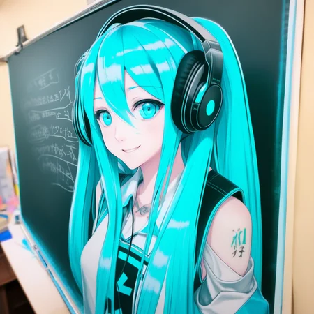 great quality,chalkboard,traditional media,1hatsune_miku, 1girl, solo, twintails,, long_hair, aqua_hair, detached_sleeves, aqua_eyes, smile, shoulder_tattoo, open_mouth, sleeveless, blue_eyes, headset, looking_at_viewer,
