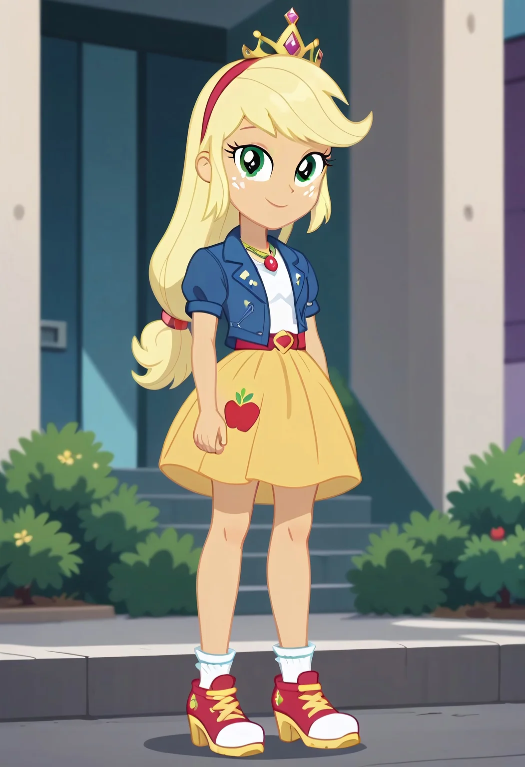 score_9, score_8_up, score_7_up, score_6_up, from My Little Pony Equestria Girls, a very young little human girl Applejack wearing a fit blue|sky|green|brown|darkpurple|red|yellow gradients colors short princess dress, elegant detailed princess shoes, solo, 1girl, little princess girl, gradient golden blond hair with crown hairband, smile, childhood, looking at viewer, glow detailed eyes, garden of canterlot, tul, chiffon, laces, semi realistic cartoon, unreal engine 5, full body close-up, absurdres, digital art, soft light, perfect hands, perfect, hands, perfection, soft orange skin, green eyes, apples accesories and shoes, jewelery, tres chic,<lora:age_slider_v4:-4>,