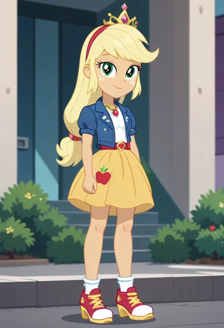 score_9, score_8_up, score_7_up, score_6_up, from My Little Pony Equestria Girls, a very young little human girl Applejack wearing a fit blue|sky|green|brown|darkpurple|red|yellow gradients colors short princess dress, elegant detailed princess shoes, solo, 1girl, little princess girl, gradient golden blond hair with crown hairband, smile, childhood, looking at viewer, glow detailed eyes, garden of canterlot, tul, chiffon, laces, semi realistic cartoon, unreal engine 5, full body close-up, absurdres, digital art, soft light, perfect hands, perfect, hands, perfection, soft orange skin, green eyes, apples accesories and shoes, jewelery, tres chic,<lora:age_slider_v4:-4>,