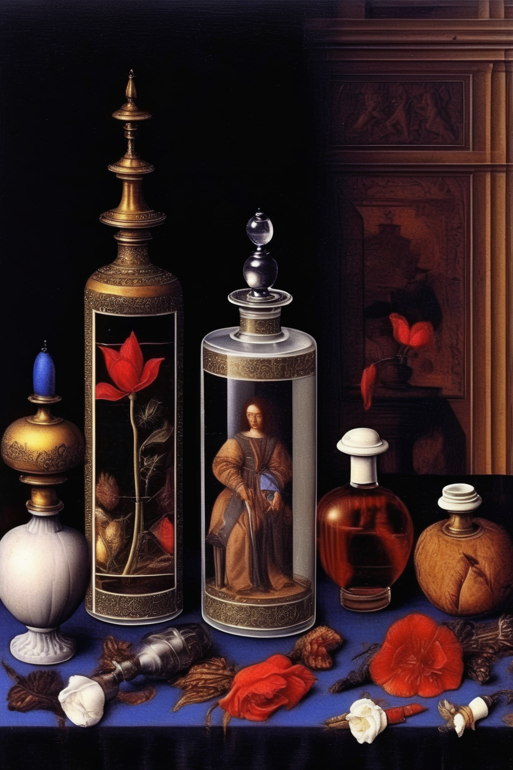 <lora:Pieter Claesz Style:1>Pieter Claesz Style - decorative perfume bottles on a table, sensual, early renaissance paintings, luxury, dark Rogier van der Weyden paintings style