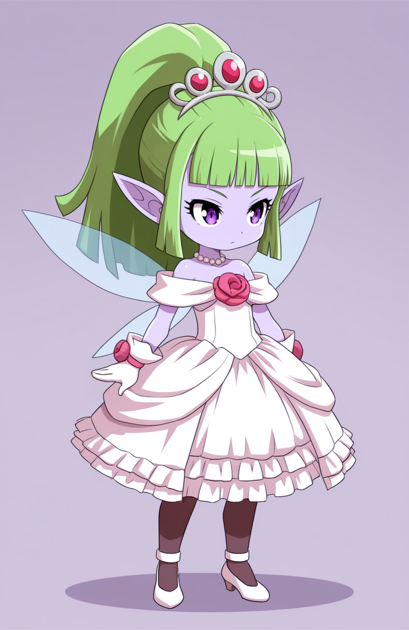 1girl, solo, 
, wedding outfit, off-shoulder dress, frilled hem, pantyhose, gloves, pearl tiara, <lora:Fuura-DQX:0.6>  fuura \(dqx\), green hair, long hair, ponytail, blunt bangs, purple skin, purple eyes, pointy ears, fairy, fairy wings, transparent wings, child,
standing, mid-stride, determined gaze, dynamic posture, sense of motion,  <lora:SevenSirens:1> svnsrn, extremely detailed, highres, masterpiece, best quality